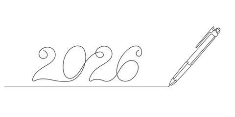 Inscription 2026. Ballpoint pen. Pen continuous line .One line drawing. Vector illustration