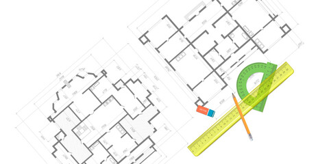 House plan project .Engineering education. Architectural plan .Ruler and protractor. Vector illustration