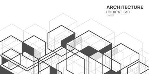 Abstract architecture. White background from cubes and lines. Linear geometric drawing. Vector illustration.