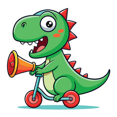 Cheerful cartoon dinosaur riding a scooter with a megaphone isolated on white background