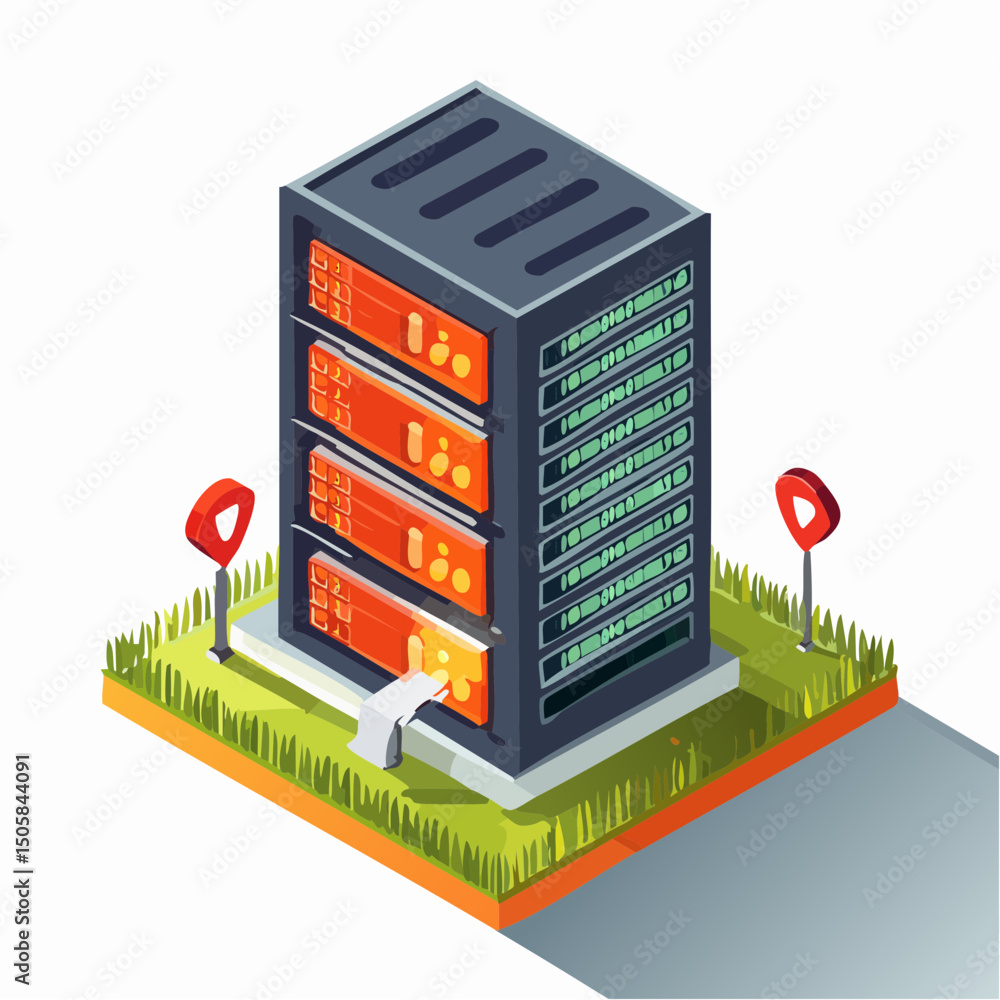 Poster secure data server isometric illustration of firewall & encryption protection