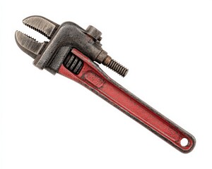 Well-worn adjustable wrench with a red handle, isolated on white.