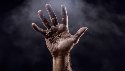  decaying zombie hand with broken fingers in eerie smoke on dark background for halloween design, horror branding, web graphic, or spooky print concept