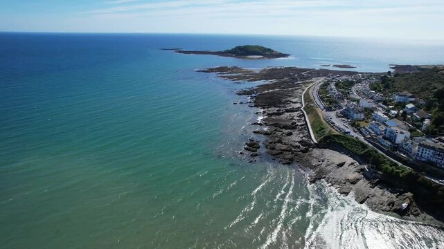 Aerial Footage of Looe Coastal Town and Civil Parish in Southeast Cornwall, England United Kingdom. High Angle Footage Was Captured with Drone Camera on January 10th, 2025
