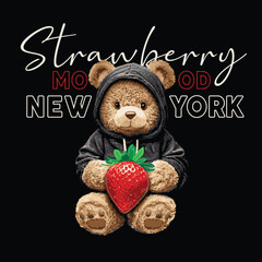 Strawberry and cool teddy bear vector illustration. Cute teddy bear cartoon character. Cute teddy t shirt graphics for kids. Cute animal drawing for poster.Red strawberry embroidery effect vector.