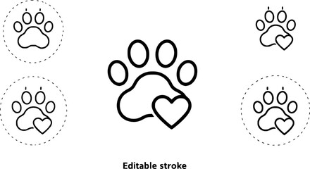 Fototapeta premium Pet paw editable stroke. footprints Pet paw, Heart with pet paw print dog cat icon, vector illustration 