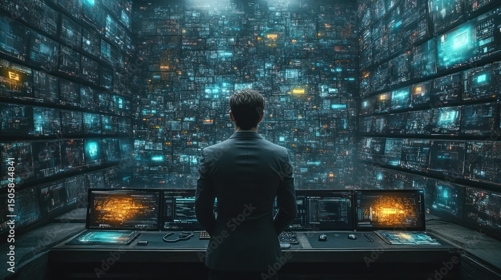Aufkleber man monitors global data streams in futuristic control room