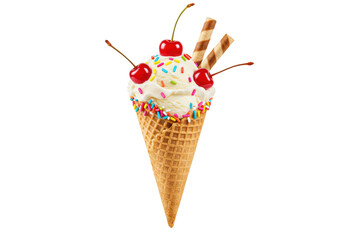 Isolated Ice Cream Cone Topped with Cherries and Sprinkles
