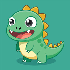 Fototapeta premium Cheerful green cartoon dinosaur smiling with big eyes and yellow spikes against teal background