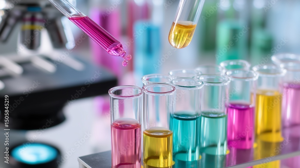 Poster laboratory experiment featuring colorful liquid samples in test tubes during analysis at a research 