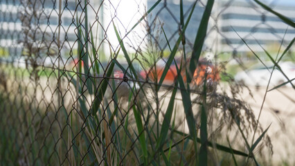 Blurred cars and modern buildings seen through a chain-link fence and tall grass create an urban...