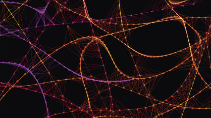 Bright, swirling light trails in shades of purple and pink, creating a dynamic volumetric abstract background. Neural connections. Network connection structure. Weave effect. Vector illustration.
