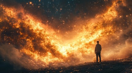Obraz premium Man observing fiery wings in cosmic landscape at night