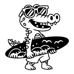 Cartoon crocodile character holding a surfboard, wearing sunglasses. Fun summer animal vector. Perfect for kids designs and beach-themed graphics.