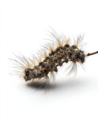 Close-up of a fuzzy brown and black caterpillar on a white background.