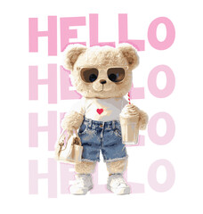 Cute girly teddy bear doll fashion style vector illustration.Adorable stylish teddy bear doll with trendy fashion accessories. Chic girly teddy bear dressed in cute outfit with elegant details