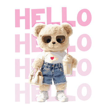 Cute girly teddy bear doll fashion style vector illustration.Adorable stylish teddy bear doll with trendy fashion accessories. Chic girly teddy bear dressed in cute outfit with elegant details