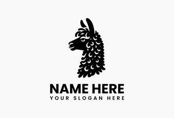 Modern black and white llama head vector logo with artistic fur patterns on clean background © vectorvovdesign