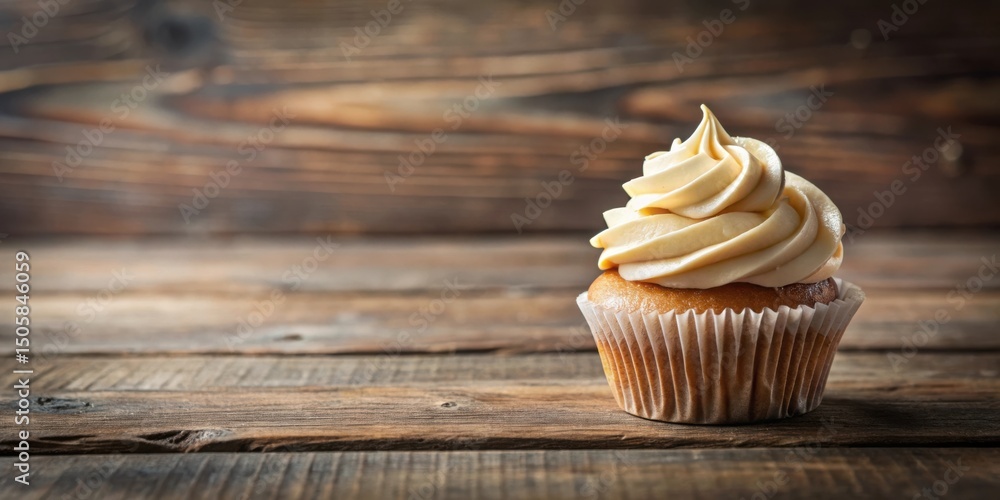 Poster a single cupcake with vanilla frosting sits on a rustic wooden table, ready to be enjoyed.
