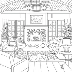 Vector illustration, interior of a house with a fireplace in the mountains, coloring book