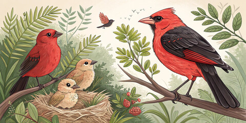Cute cartoon robin and birds on tree branch with leaves and flowers