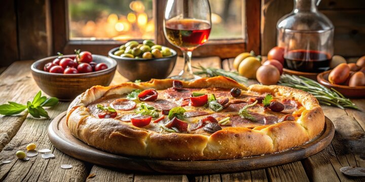 A Rustic Pizza with Savory Toppings, Served on a Wooden Table with a Glass of Red Wine