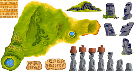 Silhouette Easter island or Rapa Nui top view. Set moai, signboards Rongorongo, pattern, undeciphered captions ancient peoples. Isolated vector cartoon stone statues. Background map. 
