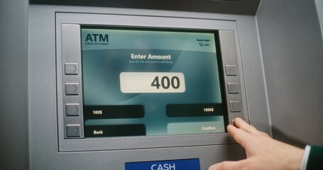 ATM User Entering PIN Code on ATM Keypad for Money Withdrawal. Error Message on Cash Machine Screen About Cancelled Transaction Due to Connection Loss. Cash Transactions, Banking System. Close Up.