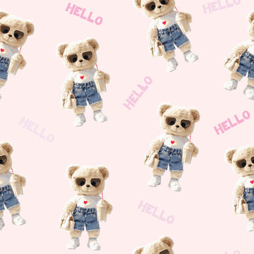 Cute girly teddy bear doll fashion style vector illustration.Adorable stylish teddy bear doll with trendy fashion accessories pattern.Chic girly teddy bear dressed in cute outfit with elegant details