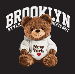 New York themed teddy bear vector illustration.Teddy bear vector hand drawn illustration cute print design for kids.College themed, cute animal graphic print for textiles. Teddy bear graphic.