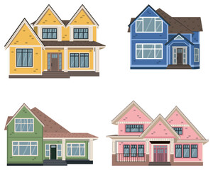 Cottage house exterior set in cartoon style. Village house collection. Home façade with doors and windows. Vector illustration