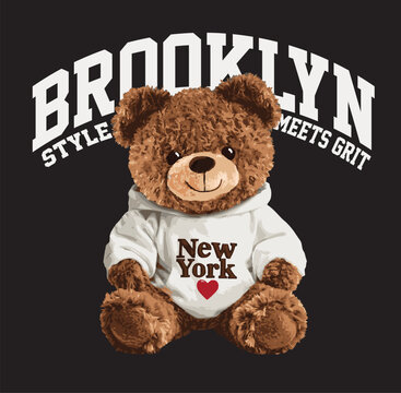 New York themed teddy bear vector illustration.Teddy bear vector hand drawn illustration cute print design for kids.College themed, cute animal graphic print for textiles. Teddy bear graphic.