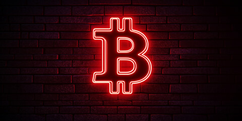 Modern neon red Bitcoin sign lighting up urban brickwork in dramatic style