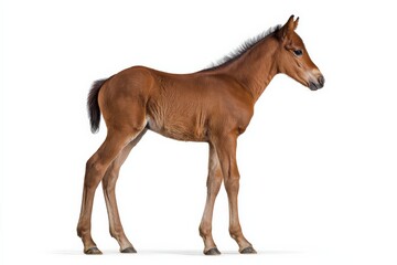 Obraz premium A chestnut foal stands on a white background.