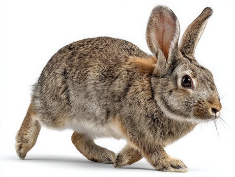 A brown rabbit hops across a white background. - Powered by Adobe