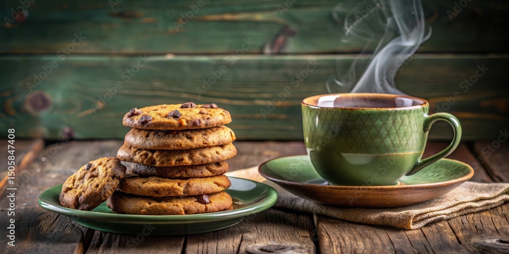 Poster A Warm Cup of Tea and a Stack of Chocolate Chip Cookies on a Rustic Wooden Table