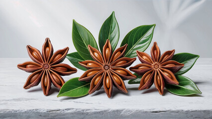 Star Anise Spice with Green Leaves on White Wooden Surface