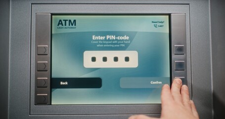 ATM User Entering PIN Code on ATM Keypad for Money Withdrawal. Error Message on Cash Machine Screen...