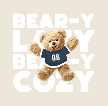 Cute teddy bear vector illustration.Fun teddy bear graphic design for textiles.Cute cozy teddy bear illustration lying on the floor and lazing.Cute animal pattern print.Cute animal drawing to hug you.