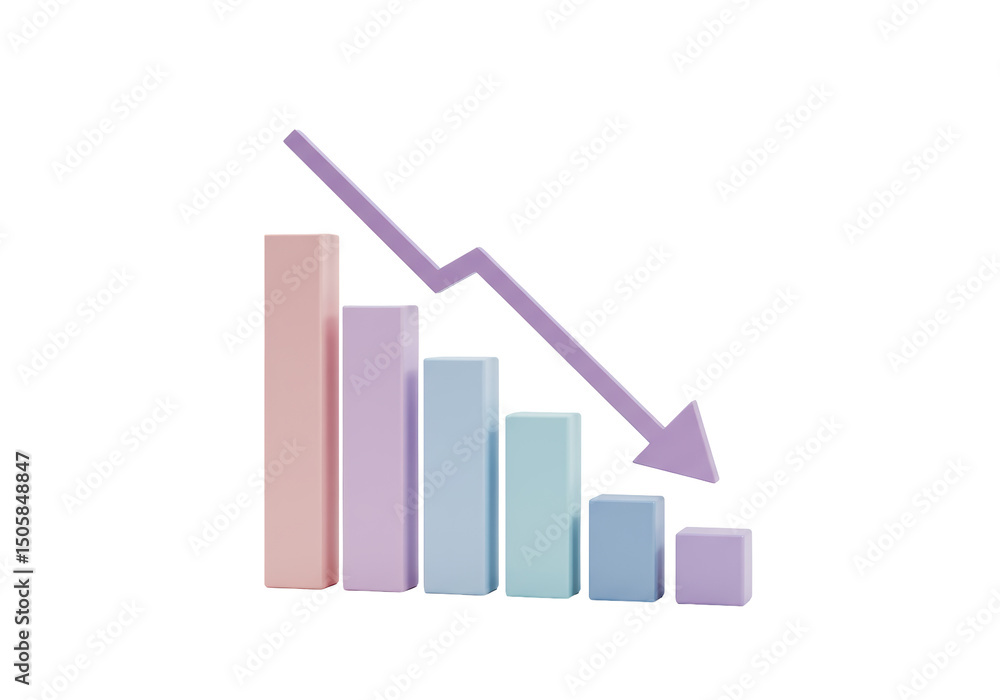 Poster isolated declining bar chart with downward arrow recession