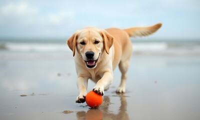 Playful Yellow Labrador Running Enthusiastically Towards Beach Ball on Wet Sand