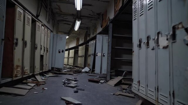 Debris litters the abandoned school corridor and rust stains the metal lockers. Cracks snake across the abandoned school ceiling as silence rules the abandoned school. Concept forgotten architecture.
