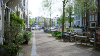 Blurred image of a european street with classic architecture and bicycles, surrounded by lush...