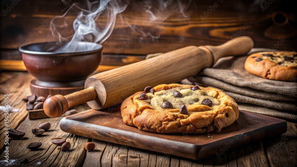Poster freshly baked chocolate chip cookies with a hint of cinnamon, sitting on a rustic wooden board with 