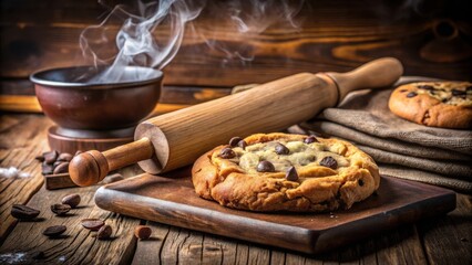 Freshly baked chocolate chip cookies with a hint of cinnamon, sitting on a rustic wooden board with a rolling pin and steaming cup in the background.