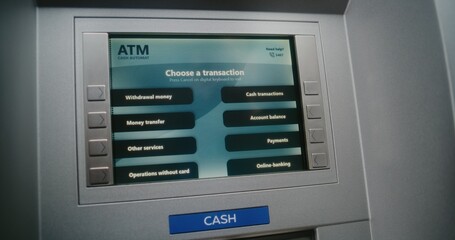 ATM User Entering PIN Code on ATM Keypad for Money Withdrawal. Error Message on Cash Machine Screen...