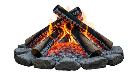 Isolated Campfire with Burning Logs and Stone Surround