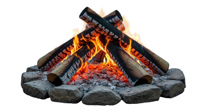 Isolated Campfire with Burning Logs and Stone Surround