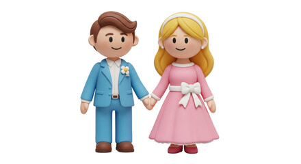 Isolated 3D Render of Cartoon Wedding Couple Holding Hands