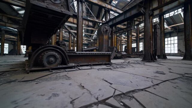 Wide shot of an abandoned factory floor scarred by deep fissures. Machinery ghosts linger as the abandoned factory towers under sun-patched gloom. History sleeps inside the abandoned factory.